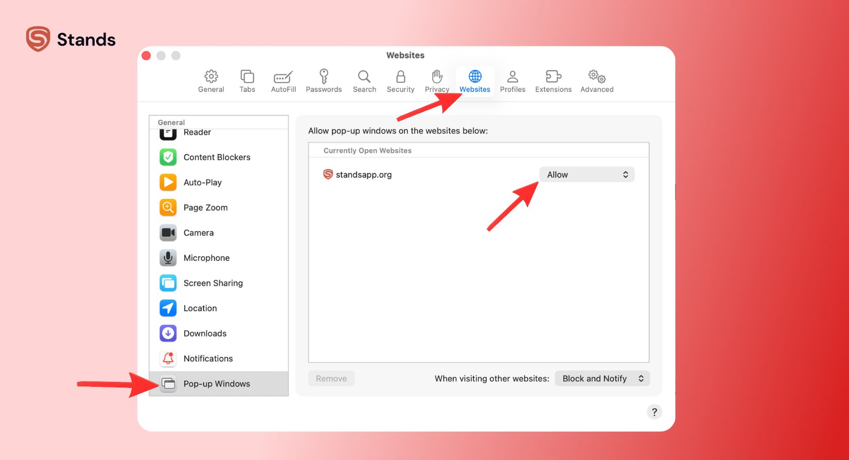Allow Pop-ups for specific Website Safari