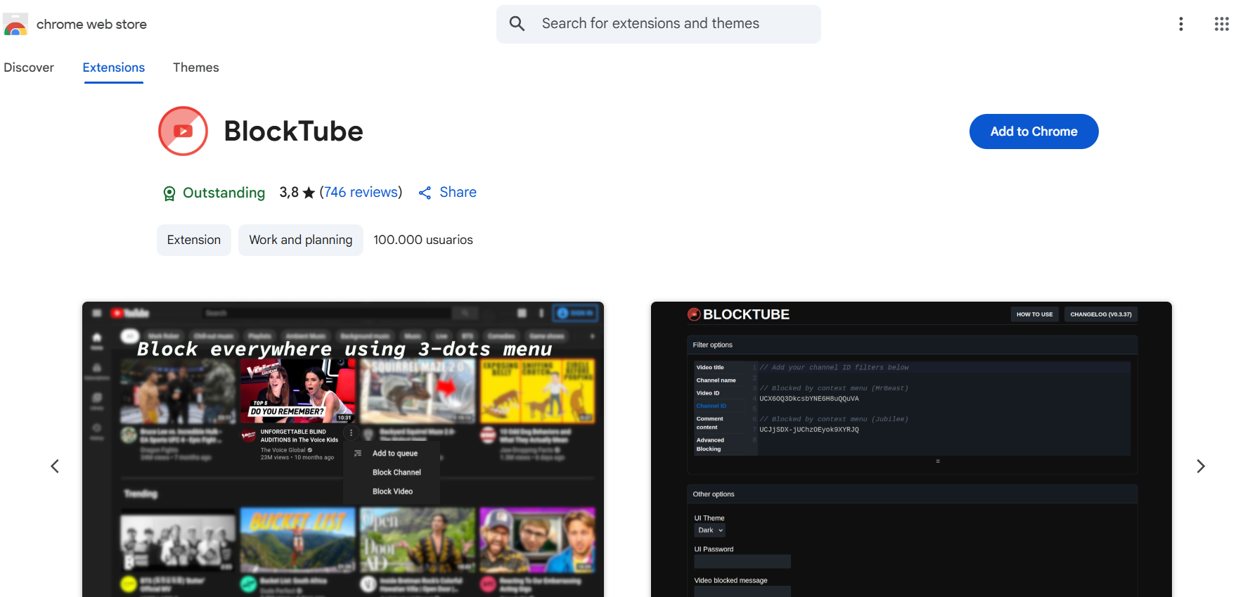 BlockTube app to block channels on the platform.