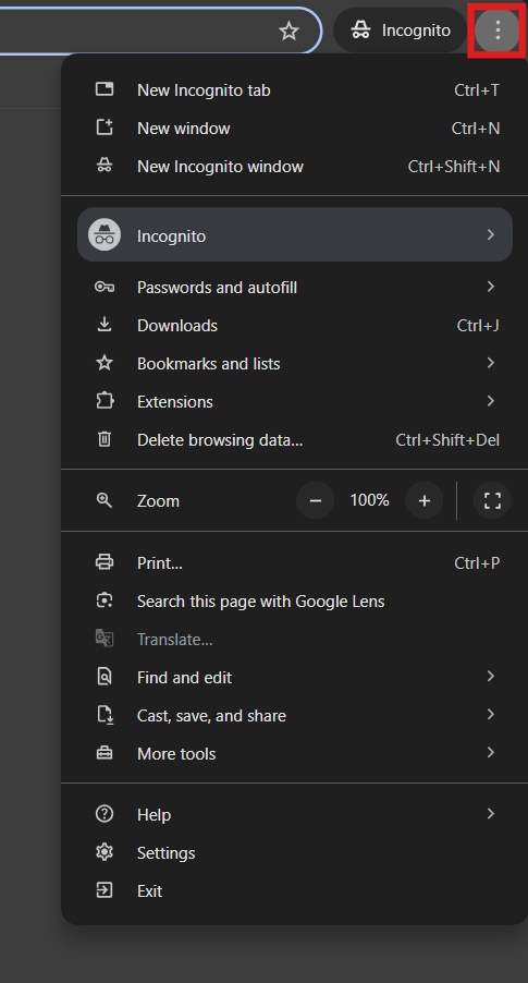 Chrome menu settings