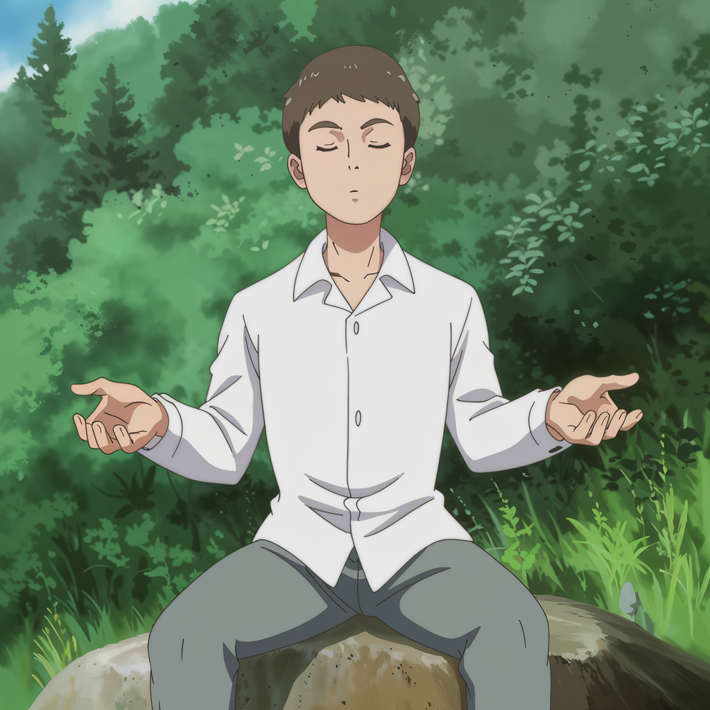 An anime-style medium shot of a young man with short hair sitting outdoors. He is standing on a rock. There is a lush green forest behind him. The man is wearing a white shirt and grey pants. He has closed his eyes and is holding his hands outwards. The background is filled with greenery.