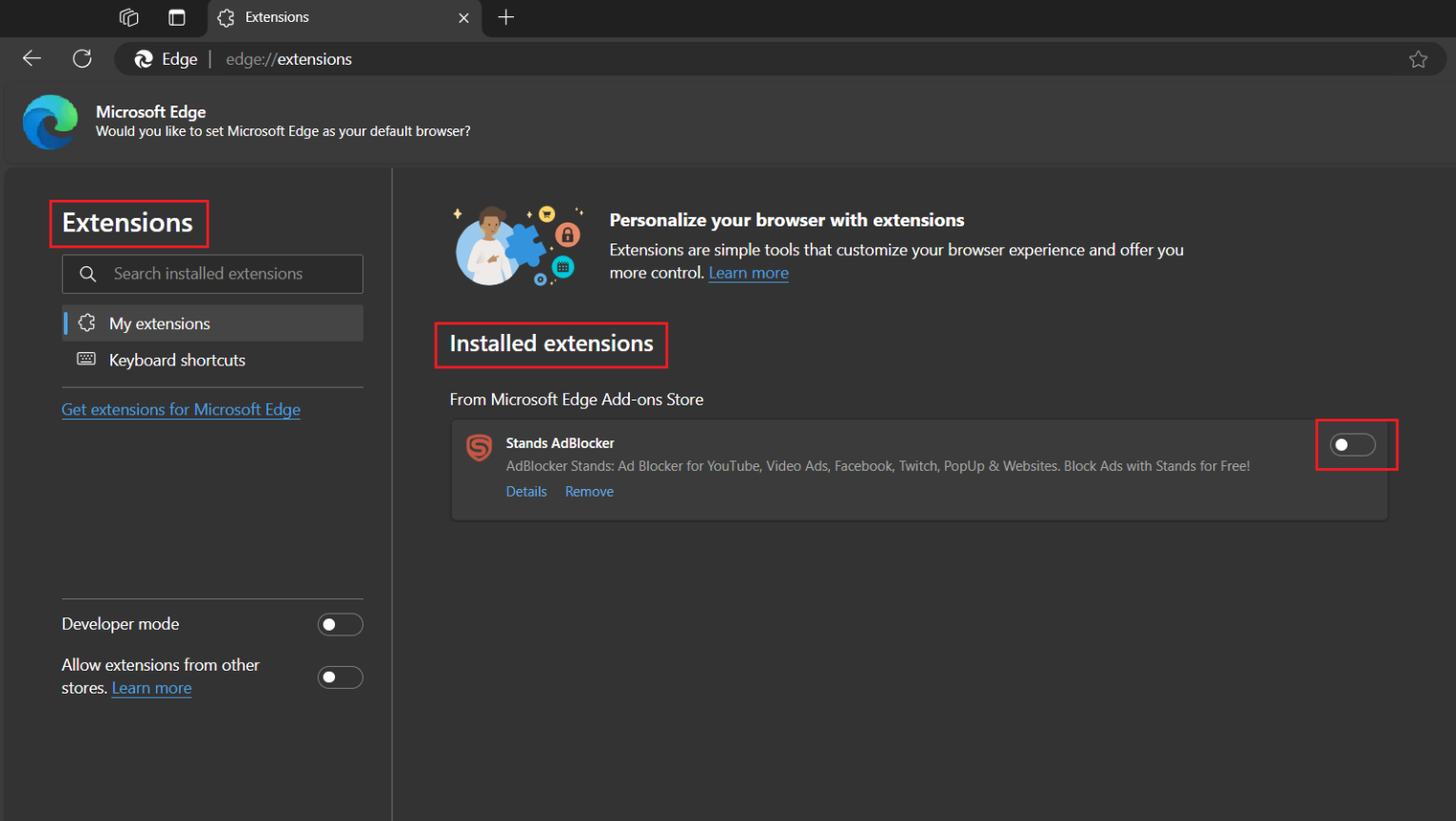 Screenshot showing how to disable an AdBlock on Edge through settings.