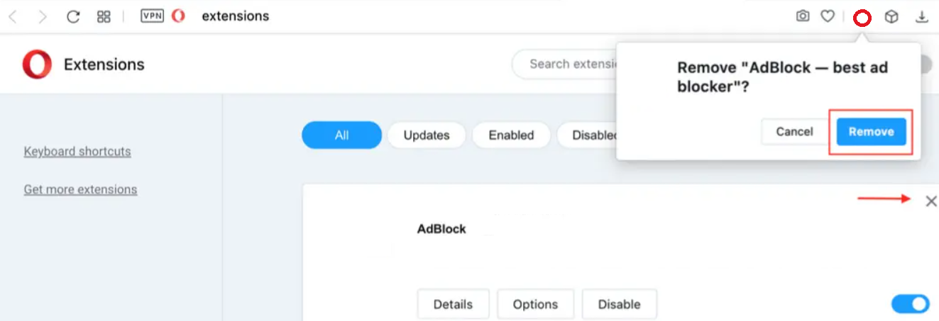 Screenshot of the Google navigation bar showing how to access Chrome extensions to disable Total AdBlock.